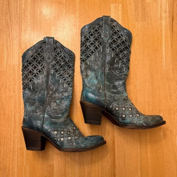 Corral Laser Cutout Western Cowboy Cowgirl Boots Turquoise Heel Rodeo Women’s 9 - Picture 3 of 14